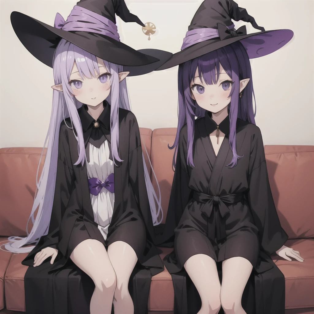 anime girl long purple hair wearing a black Robe. she has pointy ears. Witch Hat. Manga kawaii. iridescent ,An illustration, Sit on the sofa, (no background)