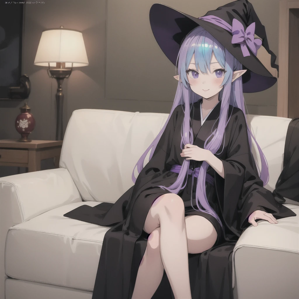 anime girl long purple hair wearing a black Robe. she has pointy ears. Witch Hat. Manga kawaii. iridescent ,An illustration, Sit on the sofa, (no background)