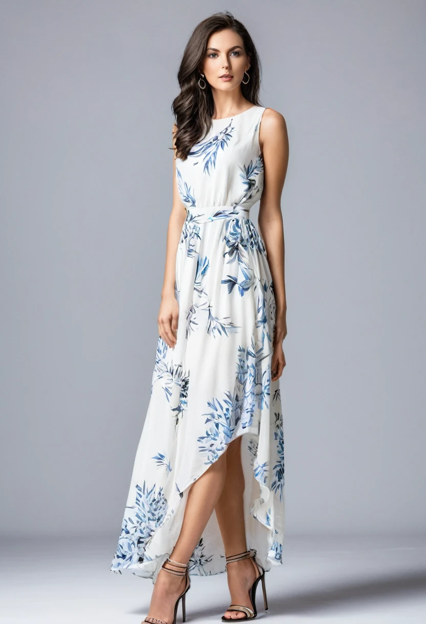 Beautiful attractive woman , stand up, modern summer style ,full-length , chic dress 