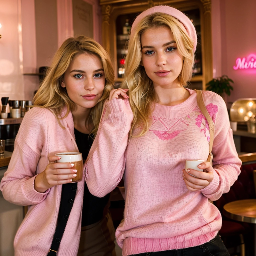 Create me a blonde French woman dressed in a pink sweater tres réaliste dans un café parisien avec une pancarte marquée dessus nick savrinn heinn