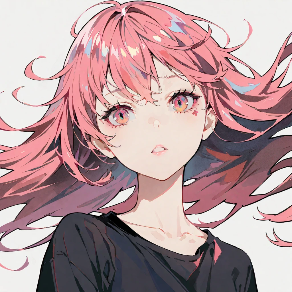 (masterpiece),(best quality:1.1),(Super detailed),Best Illustration,fine details,(portrait:1.1),(intense close-up),watercolor painting)floating,1 girl,alone,,Slim,(Detailed beautiful eyes),thick pink lips,(disheveled hair),(Wearing a black loose T-shirt),Soft and lazy,(Simple background:1.2)pink hair, anime pfp,Clear,4K