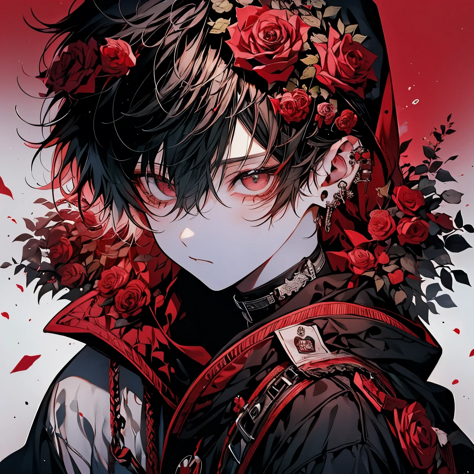  boy、The background is red roses、White Hair、black eye、Wearing a hood