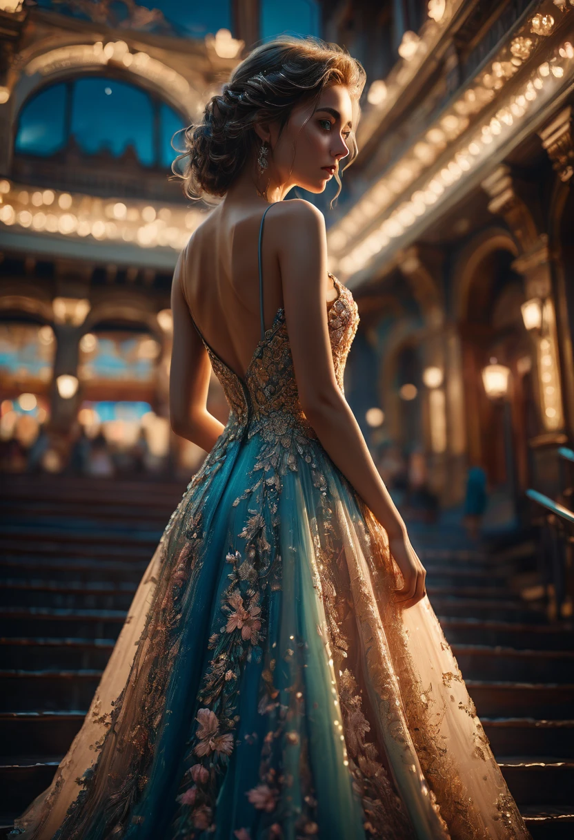 Evening Dress, theater, by Alena Aenami, RAWphoto, 35mm photograph, bokeh, best quality, masterpiece, very aesthetic, perfect composition, intricate details, ultra-detailed