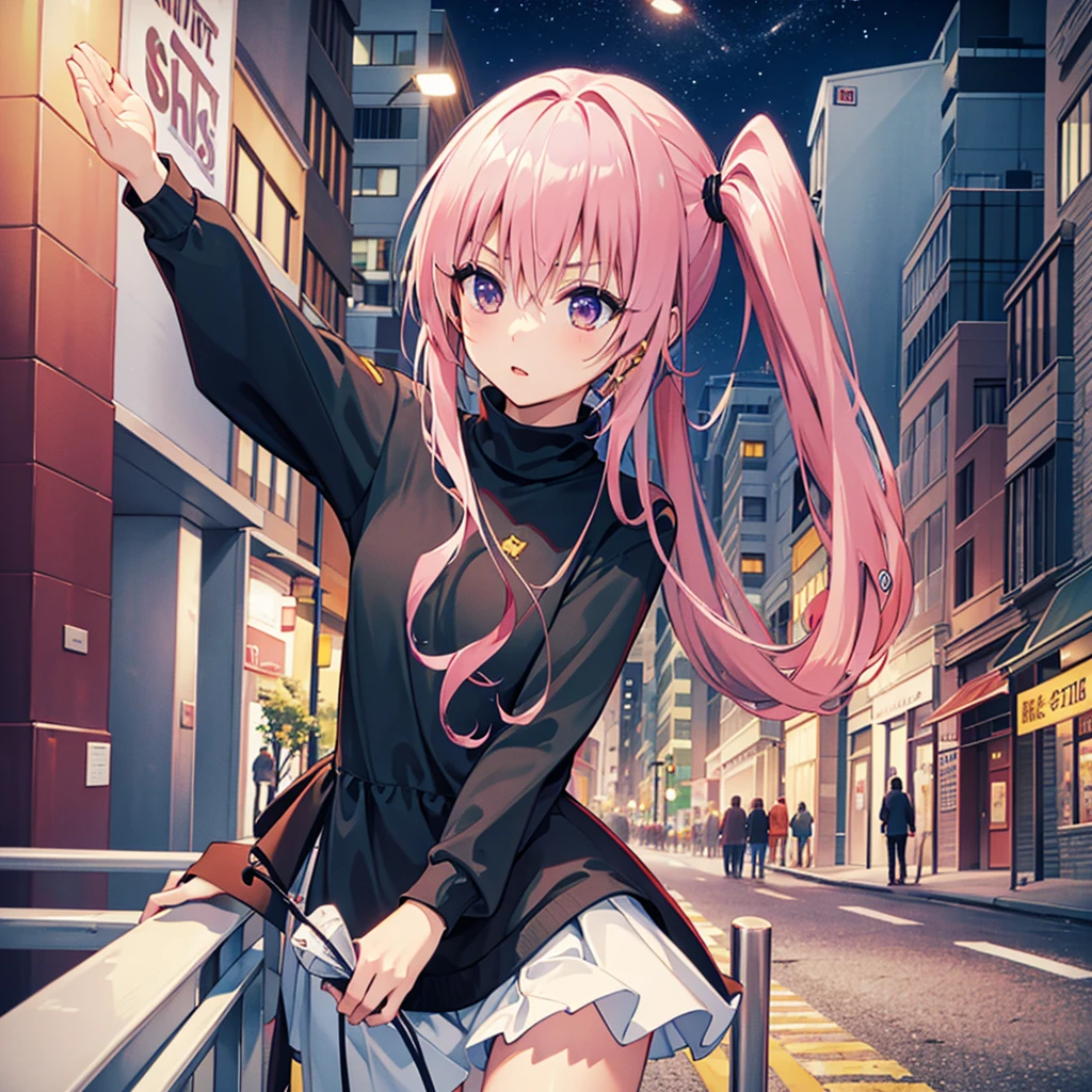 masterpiece, best quality, highres, aanana, long hair, twintails, sweater dress, turtleneck, street, night, standing, cowboy shot