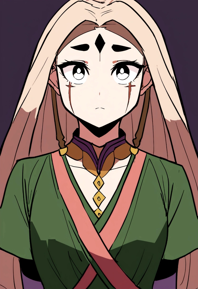 there is a woman with a green shirt and a purple hat, her face is coated in a whitish, large eyebrows, her skin is light brown, showing forehead, eyebrow scar, thick eyebrows, black eyes and large forehead, south east asian with round face, thin eyebrows, bushy eyebrows, small eyebrows, angular eyebrows, big bold thick eyebrows, wajah ini tanpa busana. dia bernama Nengsi Wulandari, berasal dari Tanjung kudu, Tambang, Kampar, Pekanbaru, Riau, face dark silhouette.