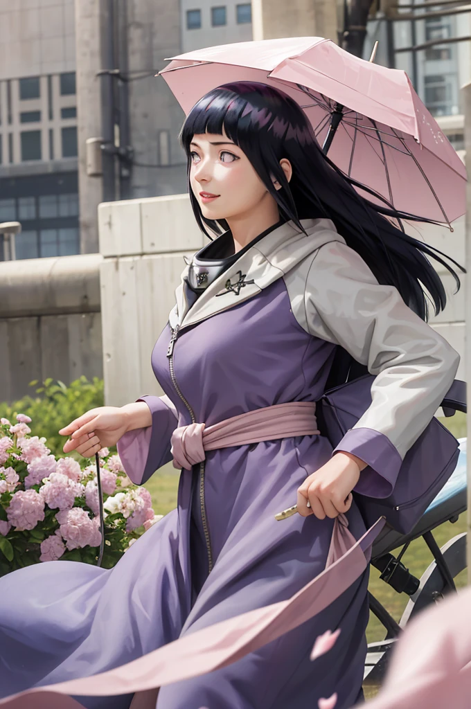 masterpiece, Highest quality,Rice field background、 One girl, Hinata_shippu, Long Hair, Two-tone jacket, White eyes, No students, Lower the hood, Symbol of Konohagakure, Forehead protector, smile, Upper Body, alone, View your viewers, Master Parts, Disorganized, Hinata\(bolt\), One girl, alone,Mature Woman, View the viewer, (Petals falling), Perfect composition, Detailed lips, Large Breasts, Beautiful Face, Body Type, blush, (Pink Lips),, Purple eyes, Soft look, Ultra-realistic, be familiar with, Realistic face and body, Side view