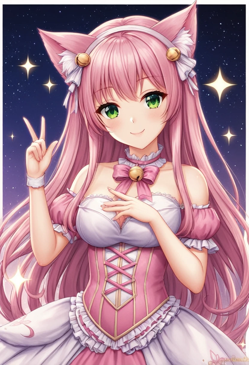 A beautiful anime girl with long, flowing pink hair and cat ears, dressed in a light, delicate outfit with pink ribbons. She has large, sparkling green eyes and a gentle, warm smile. She is accompanied by a cute, fluffy cat with matching green eyes. The background is a soft gradient of night sky with subtle stars, creating a magical and serene atmosphere. The overall scene is dreamy and enchanting, with a focus on the girl's charming and sweet appearance