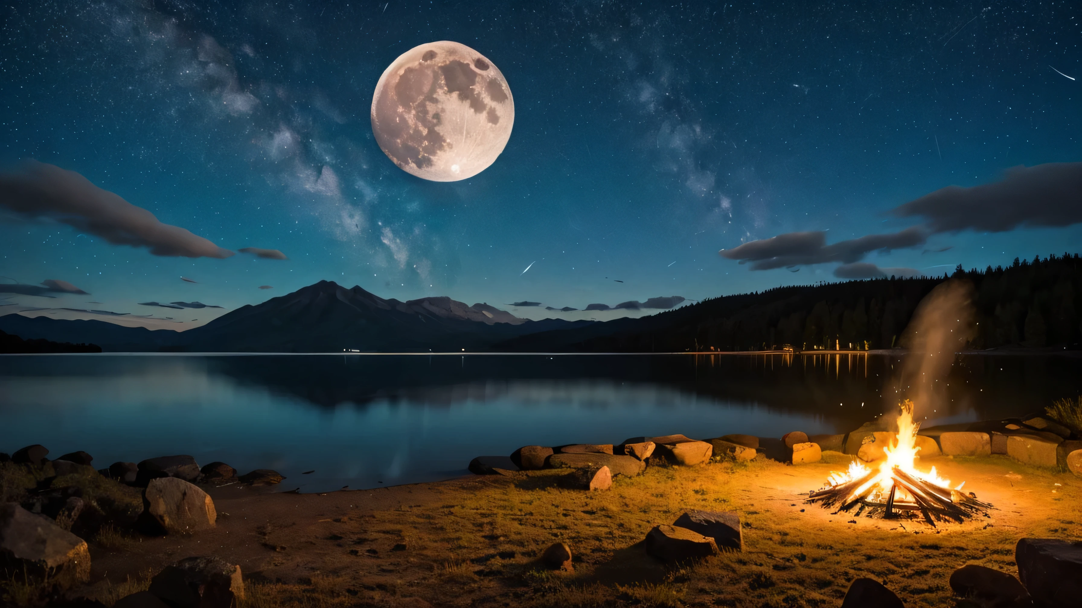 Bonfire full moon shooting star lake