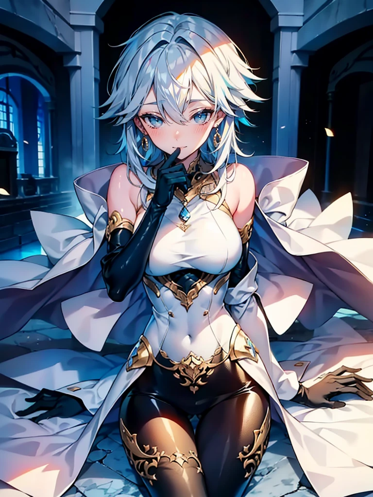 1girl, solo, leaning on white marble wall, sexy face, sexy, cute face, bangs, long hair, look away, shy, nose blush, concept art, freckles, lay light on the wall, passionate, medium breast, fit body, long waist, (thigh gap), wide shoulder, short hair, white hair, hair over one eye, open blue coat, brown gloves, black pants, earrings, seductive, enchanting, (biting lip), erotic