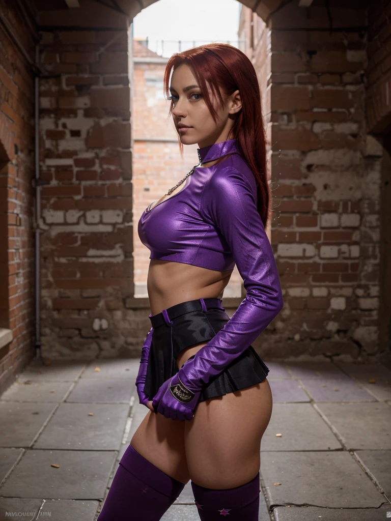 8k, RAW photo, best quality, ultra high resolution, photorealistic, realistic photo of skinny starfire, (skinny starfire from teen titans), (slim face, red hair), in the dungeon, brick walls, chains, bright light, (full body picture), (photo from the side), standing posing for picture, sexy pose, wearing starfire costume, wearing (purple top, purple collar, purple gloves, (purple miniskirt), purple thighhighs), (looking at viewer), smirking, seductive, High Detail, Sharp focus, bright light