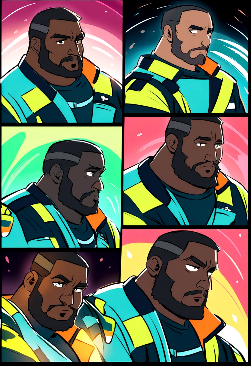 Cartoon character of a dark-skinned man with a beard, in paramedic uniform, animation character.
