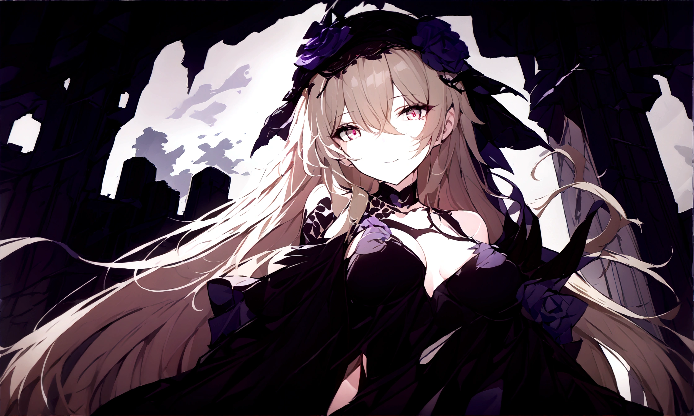 (best quality, highres, masterpiece : 1.4), (flatten art : 0.8), masterpiece, (best quality), 1woman, anime, beige long hair, fair skin, faint red eyes, black and purple headress, medium sized breast, calm smile, (detailed face), black dress, city ruin, close-up, alluring, dynamic angle, eyes to the viewer