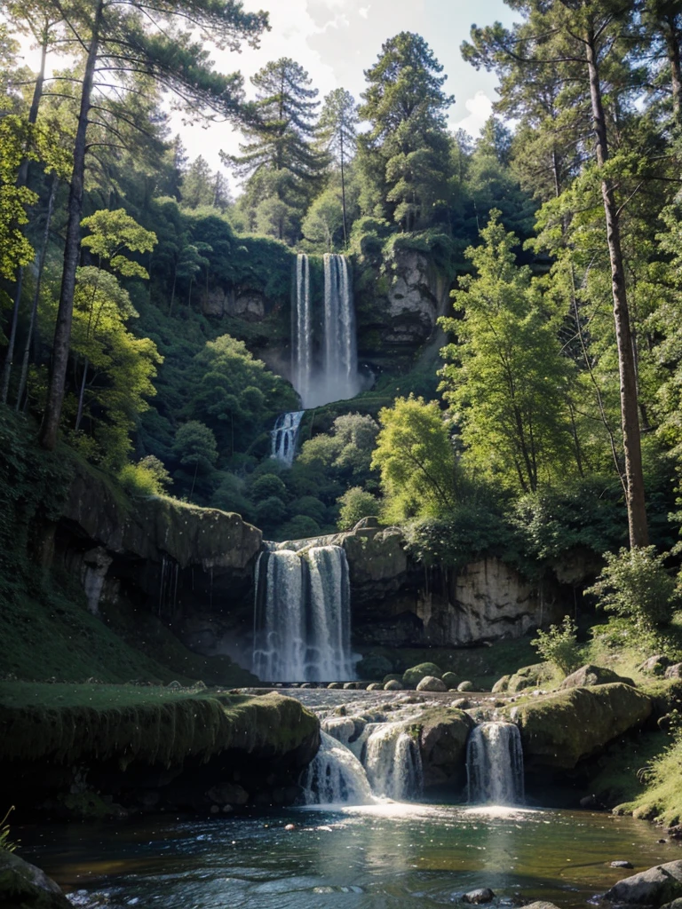 Western European style house with a waterfall and forest behind.
