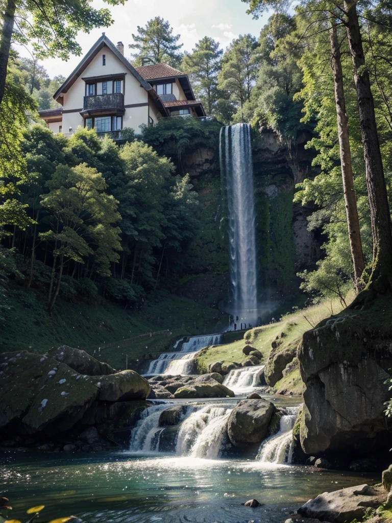 Western European style house with a waterfall and forest behind.