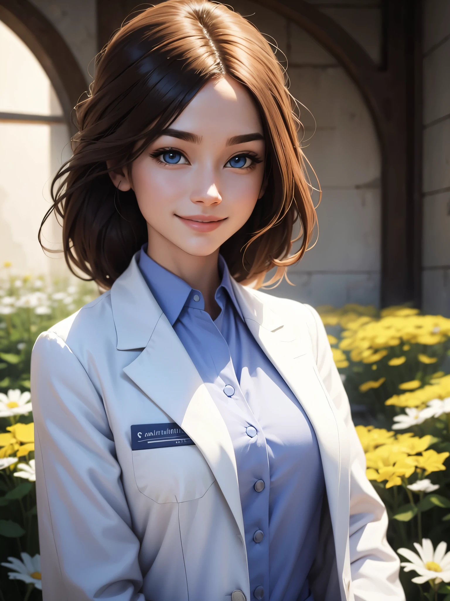 beautiful humanization of medicine, noble young smiling woman in a white medical coat, brown hair, huge light blue eyes full of kindness and happiness, blooming flowers, colors of shadows and light, color scheme, expressive careful detailed drawing, super detailed, delicate natural shades, shine, natural surroundings, beauty, good angle, double exposure, depth, sharpness, captivating haze
