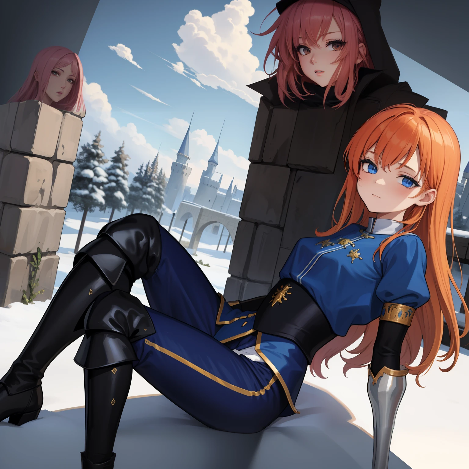 anime - image de style d'une femme dans une tenue bleue assise sur un sol couvert de neige, je ferai aussi des fanarts, pose royale élégante, Impact d'Ayaka Genshin, art du personnage officiel, peint dans un studio de peintre d'anime, inspiré de Li Chevalier, réalisé avec le studio de peintre d'anime, Art CG d'anime fluide, portrait chevaliers de fille du zodiaque, fanart exquis très détaillé, art zérochan