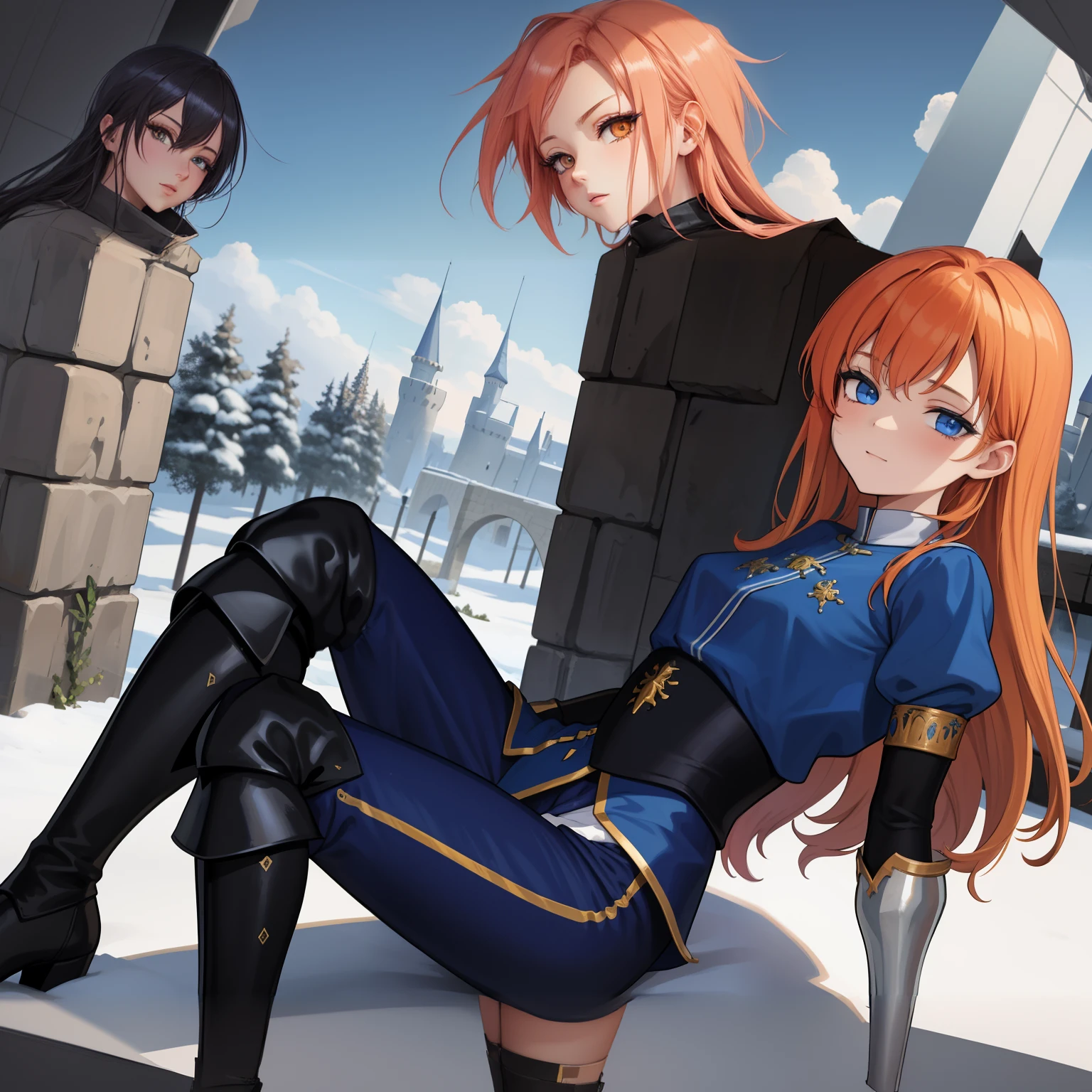 anime - image de style d'une femme dans une tenue bleue assise sur un sol couvert de neige, je ferai aussi des fanarts, pose royale élégante, Impact d'Ayaka Genshin, art du personnage officiel, peint dans un studio de peintre d'anime, inspiré de Li Chevalier, réalisé avec le studio de peintre d'anime, Art CG d'anime fluide, portrait chevaliers de fille du zodiaque, fanart exquis très détaillé, art zérochan