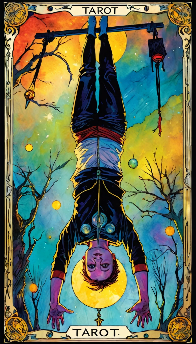 ((tarot card)) THE HANGED MAN ((card frame)), (man hanging upside down ) work by Bill Sienkiewicz, vivid colors, intricate details, oil.
