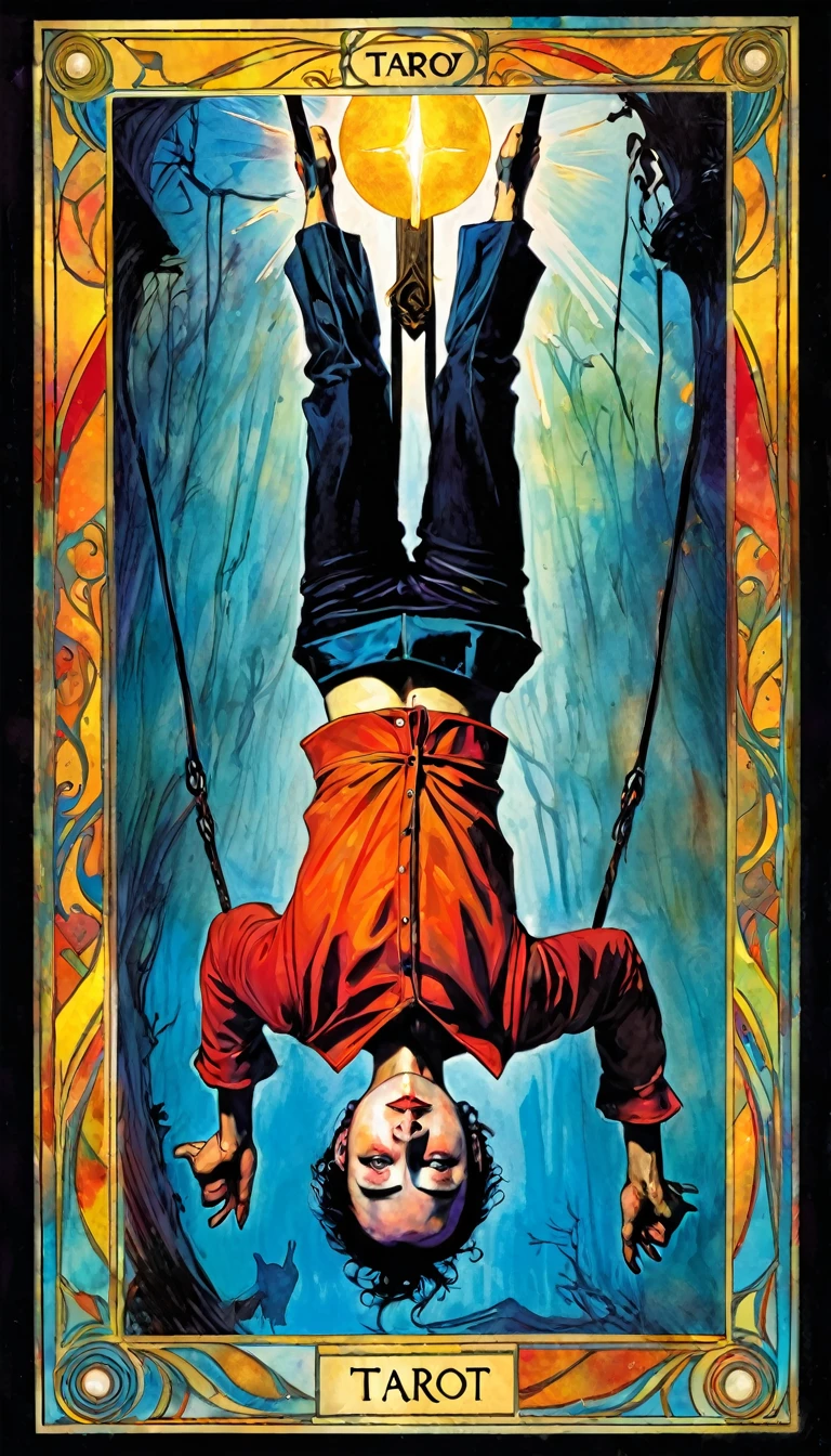 ((tarot card)) THE HANGED MAN ((card frame)), (man hanging upside down ) work by Bill Sienkiewicz, vivid colors, intricate details, oil.