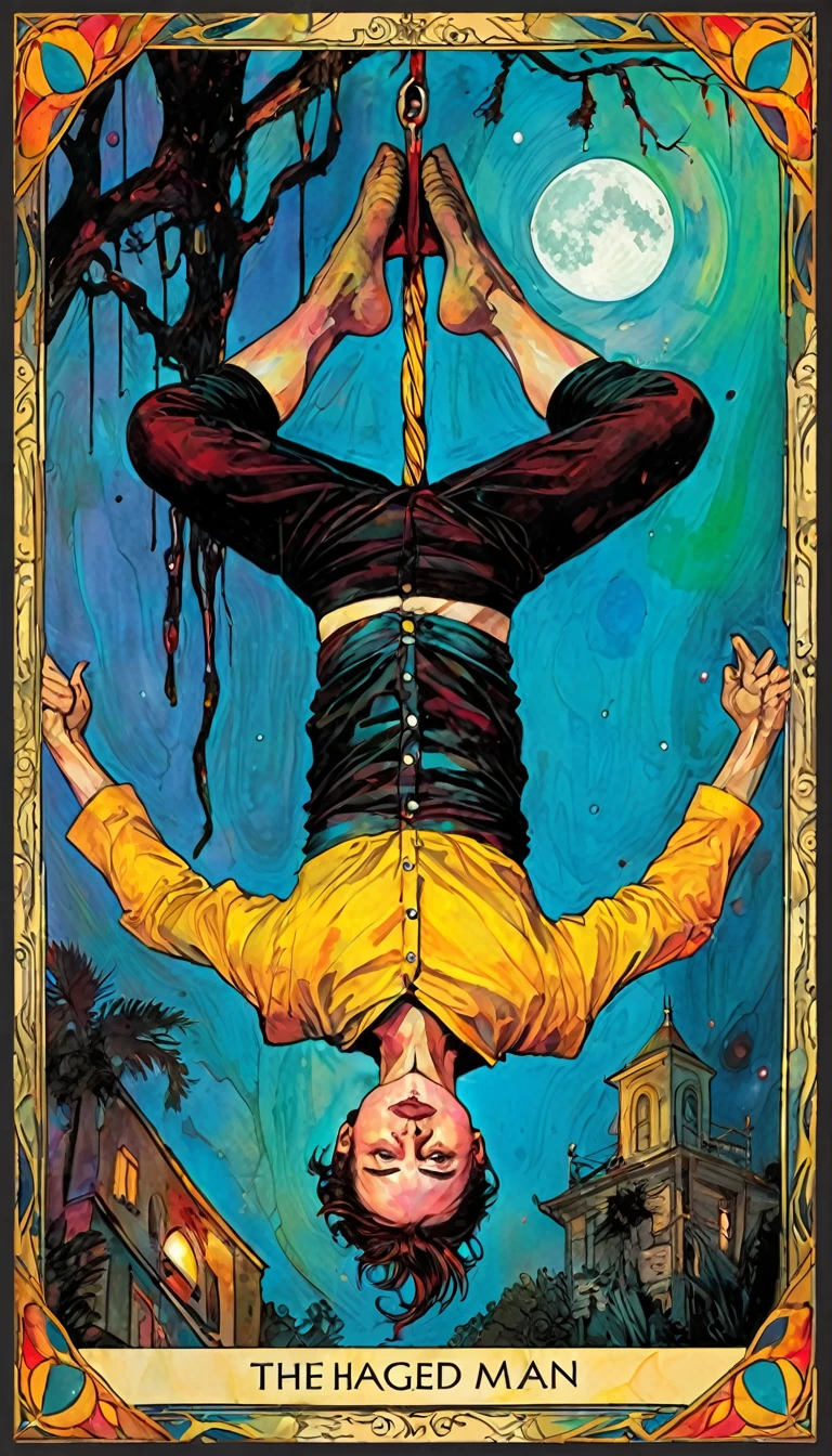 ((tarot card)) THE HANGED MAN ((card frame)), (man hanging upside down ) work by Bill Sienkiewicz, vivid colors, intricate details, oil.