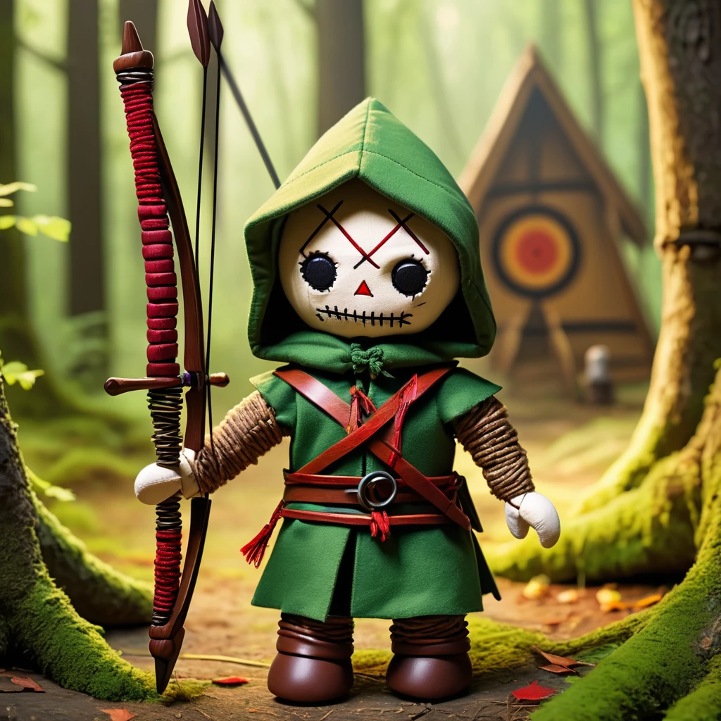 (knitted toy voodoo doll:1.9), (Voodoo Robin Hood:1.3), (Medieval clothing, quiver with arrows, hood:1.0), (Sherwood Forest in the background, shelter in the trees, archery targets:1.2), best quality, masterpiece, detailed soft oil painting, detailed background, dramatic cinematic lighting, soft edge lighting, professional, dramatic lighting, hard edge lighting, ultra quality, 4k, masterpiece, best quality, 8k, ultra high definition, high resolution, extremely detailed