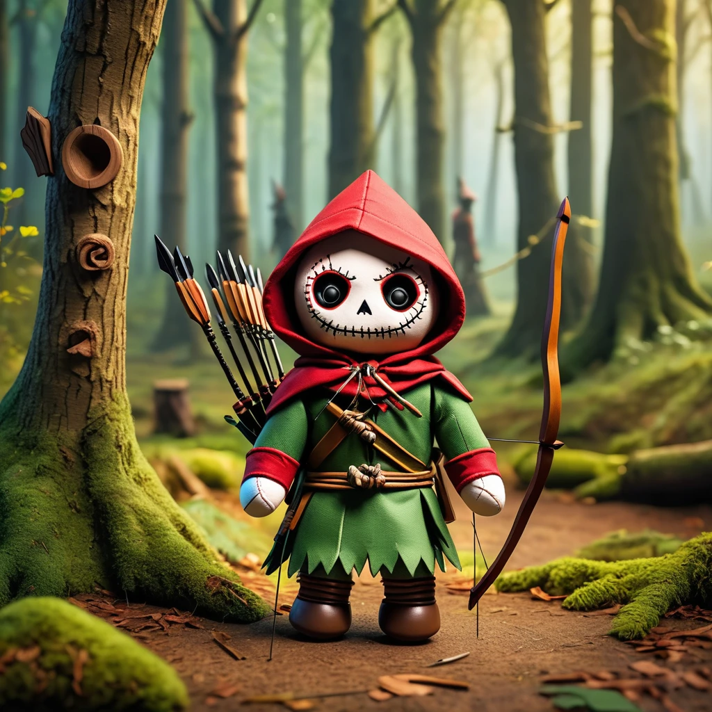 (knitted toy voodoo doll:1.9), (Voodoo Robin Hood:1.3), (Medieval clothing, r with arrows, hood:1.0), (Sherwood Forest in the background, shelter in the trees, archery targets:1.2), best quality, masterpiece, detailed soft oil painting, detailed background, dramatic cinematic lighting, soft edge lighting, professional, dramatic lighting, hard edge lighting, ultra quality, 4k, masterpiece, best quality, 8k, ultra high definition, high resolution, extremely detailed