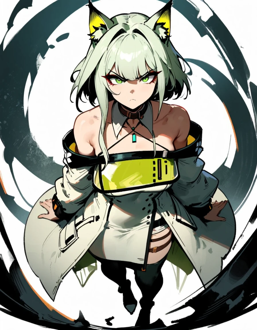 1girl, kal'tsit \(arknights\), arknights \\\\\ masterpiece, best quality, very aesthetic, absurdres, newest \\\\\\ slim body,///// ,by nyantcha,cutesexyrobutts , by khyle,,////// ,,,, , ,,detailed face, , ,, , , , , beautiful face, (white background:1.2), , sexy, , serious.angry, green eyes, animal ears, , ,,,big tits,),  in the center of the frame,,, ,wears a lab coat, ,full body ,  solo