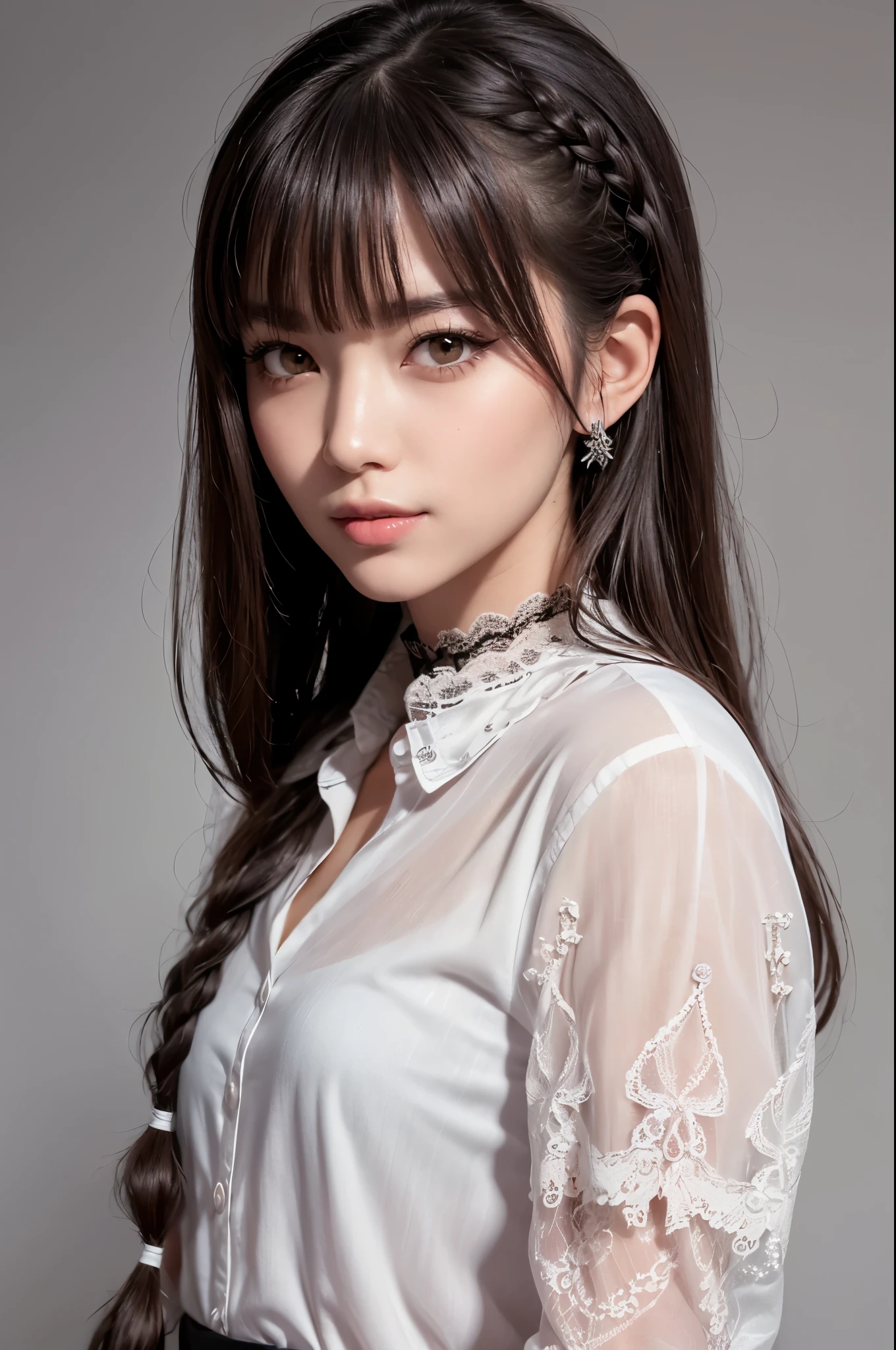 Realistic, masterpiece, Highest quality, Highest resolution,Photo from chest up, Gray blank background, One Japanese woman, Happy smile, Detailed and beautiful eyes, Iris, Sparkling eyes, Thin eyebrows, Gives your eyelashes a delicate finish, False eyelashes, Date makeup, (Braided Hair, Blunt bangs, Brown Hair:1.2), Detailed face, She is looking to the side, She glares angrily at the viewer., Keep your mouth pointed, cheeks pink, (Model-like pose,Arms crossed), ((Three-quarter sleeve black button-up shirt, Carefully designed lace collar), He&#39;s wearing a black shirt underneath, Black long skirt:1.3)