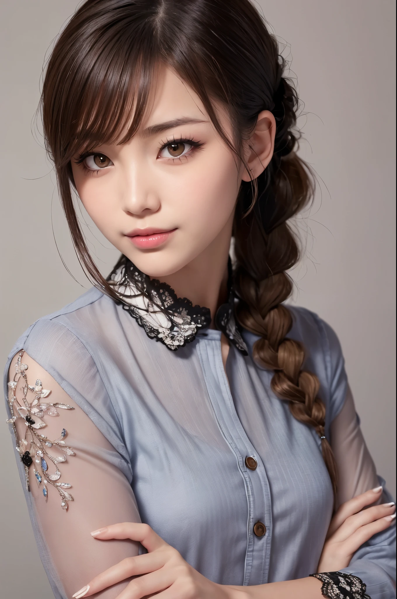 Realistic, masterpiece, Highest quality, Highest resolution,Photo from chest up, Gray blank background, One Japanese woman, Happy smile, Detailed and beautiful eyes, Iris, Sparkling eyes, Thin eyebrows, Gives your eyelashes a delicate finish, False eyelashes, Date makeup, (Braided Hair, Blunt bangs, Brown Hair:1.2), Detailed face, She is looking to the side, She glares angrily at the viewer., Keep your mouth pointed, cheeks pink, (Model-like pose,Arms crossed), ((Three-quarter sleeve black button-up shirt, Carefully designed lace collar), He&#39;s wearing a black shirt underneath, Black long skirt:1.3)