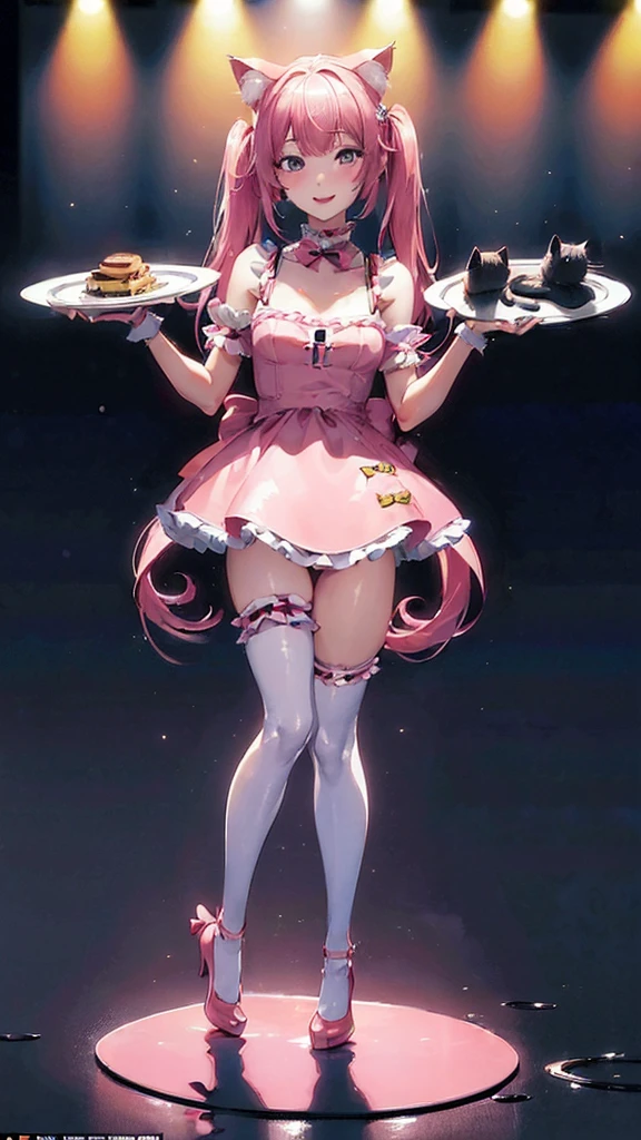 ((Full body shot: 1.5))、((One animal))、((Real female cat))、Big smile、スリムなスタイル、((The background is blurred and nothing is visible))、kpop idol costumes、Cute chibi anime sitting on a plate, long pink hair with twin tails、I have cat ears、Wear a blue mini dress, Smiling, Logo is cheap、Iridescent colors、Heavily