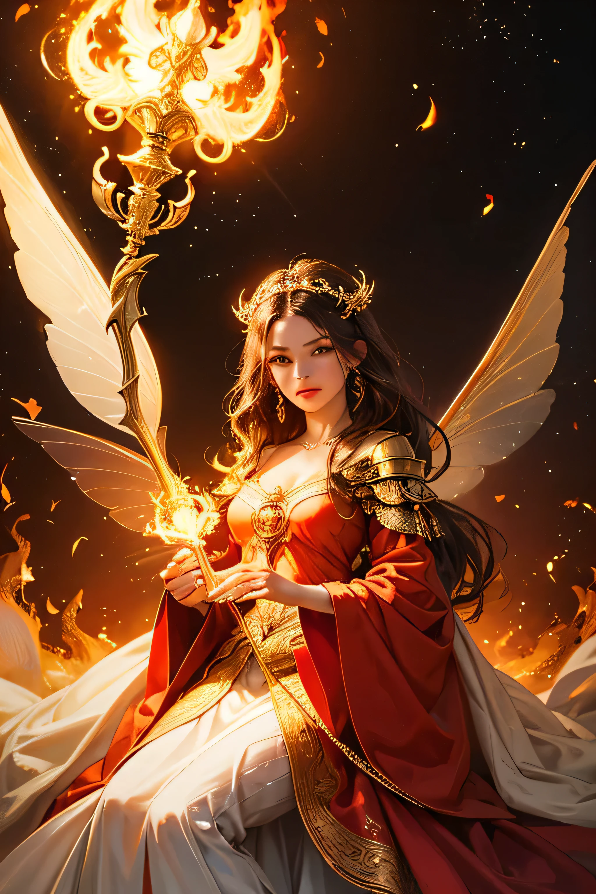 "Create an ultra-realistic image of a stunning 30-year-old female fairy with large, intricate wings that flicker with the intensity of flames. She should be holding a magical staff that radiates the fierce energy of fire, with flames dancing around it. Dress her in a sophisticated outfit with various shades of red, symbolizing her connection to fire. Surround her with elements of fire, such as flickering embers and blazing flames, to highlight her mastery over this element. Include a distinct fire symbol or design on her body, signifying her role as the keeper of fire and flames, and showcasing the powerful fiery energy she possesses within her."