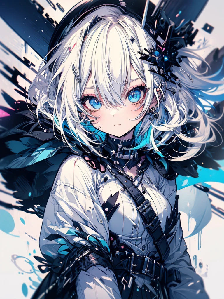 highest quality, masterpiece, long eyelashes, blue eyes punk girl, Dressed in punk clothes, super mini skirt, Sparkling, big breasts, Cat ear, white hair,