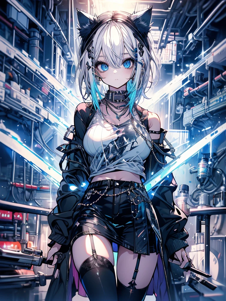 highest quality, masterpiece, long eyelashes, blue eyes punk girl, Dressed in punk clothes, super mini skirt, Sparkling, big breasts, Cat ear, white hair,