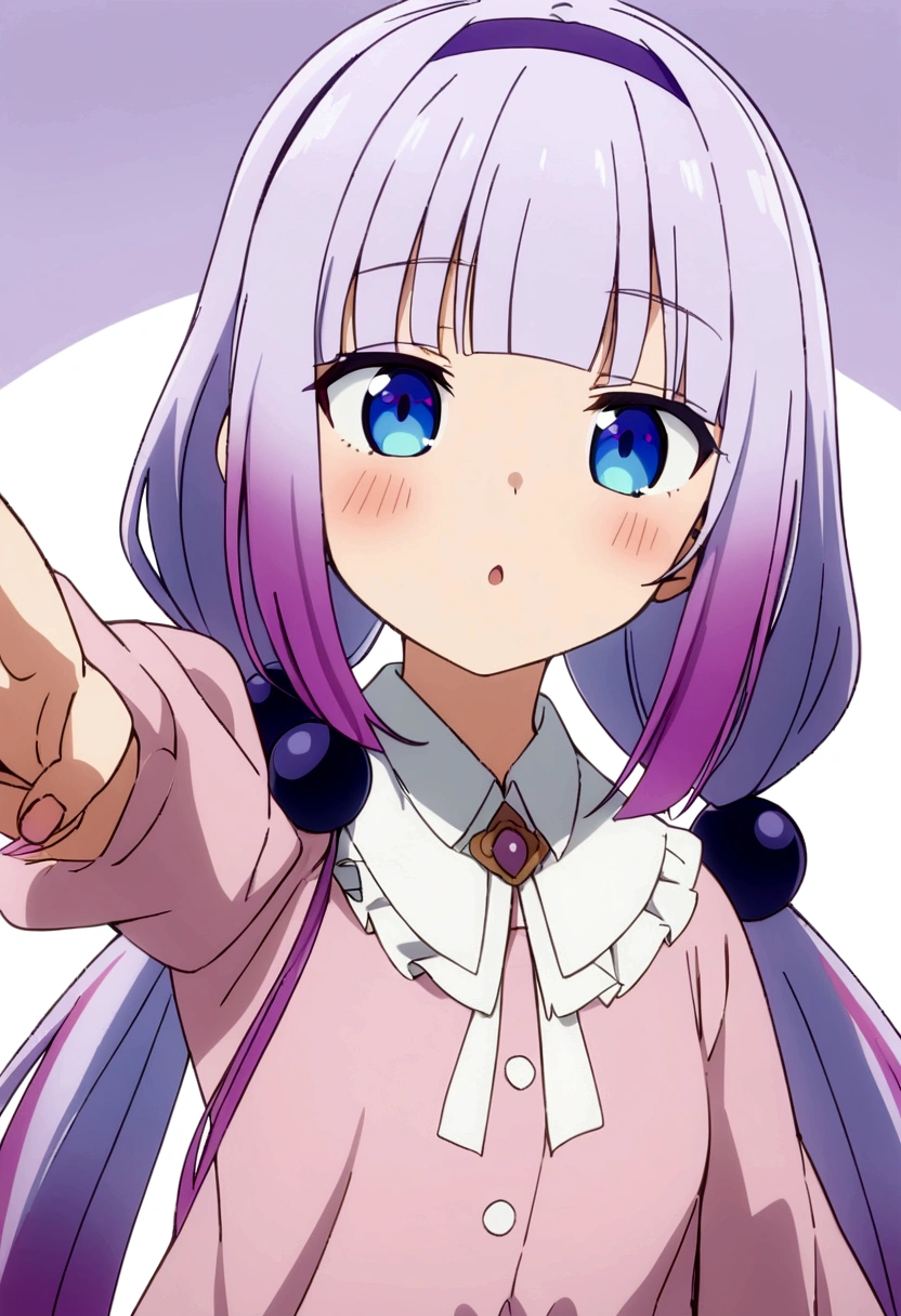 best quality, masterpiece, highres, solo, {kanna_kamui_kobayashisanchinomaidragon:1.15}, long_hair, light_purple_hair, blue_eyes, hair_ornament, bangs, blush, multicolored_hair, twintails, blunt_bangs, hair_beads, beads, hairband, gradient_hair, low_twintails, horns, dragon_horns, purple_hair, 1girl, anime_coloring, bow,Young girl, reaching out to us Pose