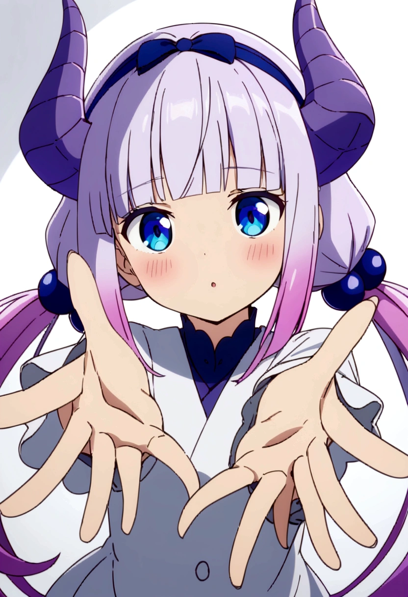 best quality, masterpiece, highres, solo, {kanna_kamui_kobayashisanchinomaidragon:1.15}, long_hair, light_purple_hair, blue_eyes, hair_ornament, bangs, blush, multicolored_hair, twintails, blunt_bangs, hair_beads, beads, hairband, gradient_hair, low_twintails, horns, dragon_horns, purple_hair, 1girl, anime_coloring, bow,Young girl, reaching out to us Pose