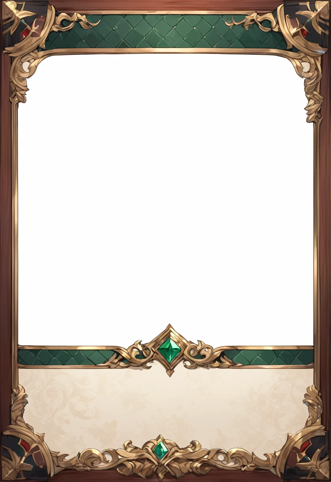 A card border UI,Medieval European aristocracy design,Noble and elegant dark style,Redwood frame,Parchment backing,There are blood stains on it。Deep Red、Emerald Green、Gold main tone。