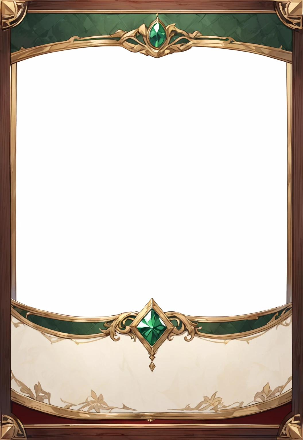 A card border UI,Medieval European aristocracy design,Noble and elegant dark style,Redwood frame,Parchment backing,There are blood stains on it。Deep Red、Emerald Green、Gold main tone。
