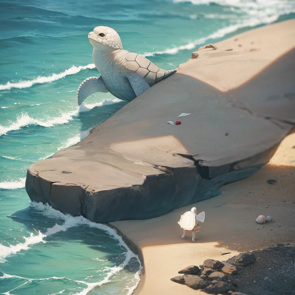 A small sea turtle on a white sand beach and behind the small turtle a broken egg shell