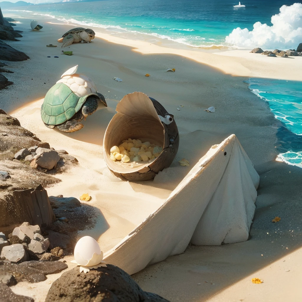 A small sea turtle on a white sand beach and behind the small turtle a broken egg shell 