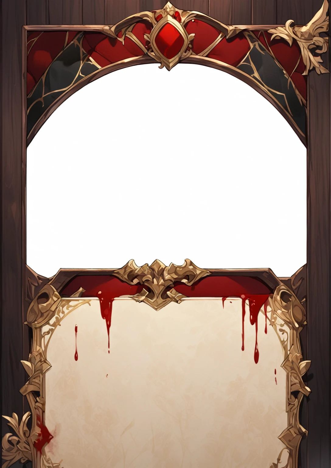 A card border UI，Medieval European aristocracy design，Noble and elegant dark style，Redwood frame，Parchment backing，There are blood stains on it。Deep Red、Emerald Green、Gold main tone。