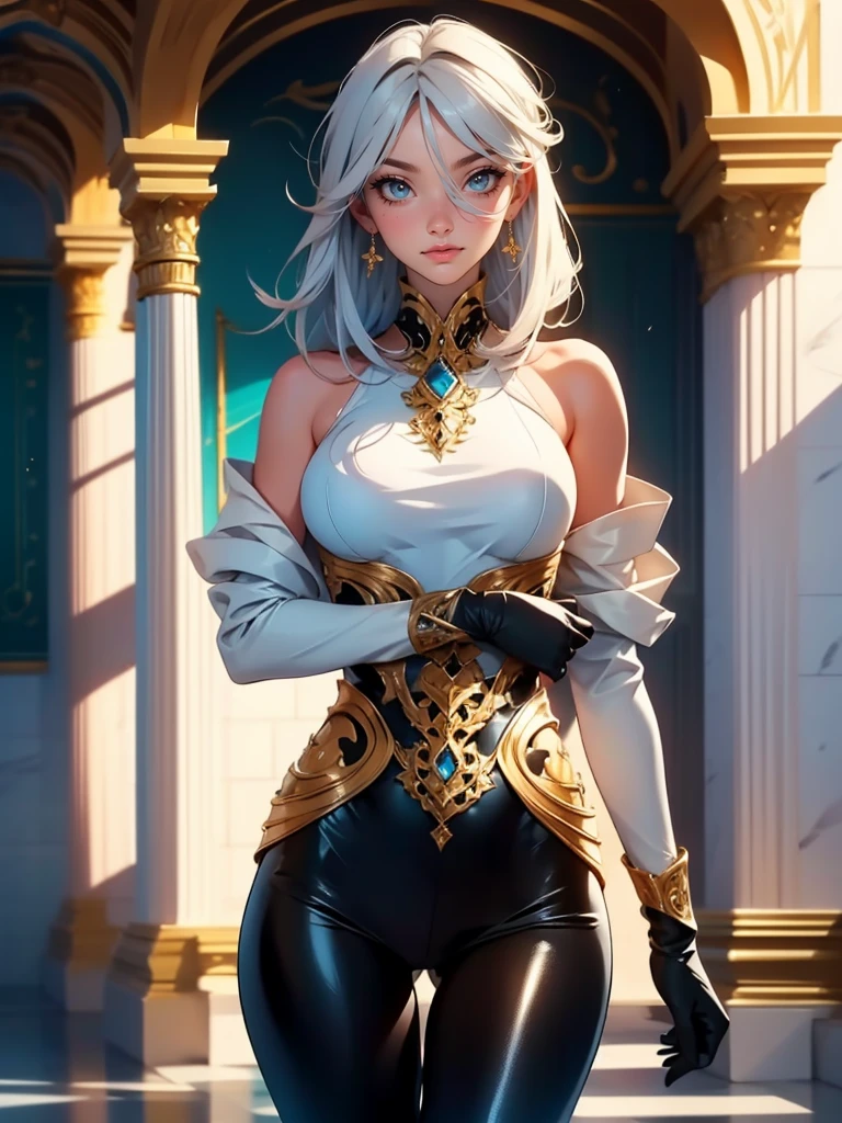 1girl, solo, leaning on white marble wall, sexy face, sexy, cute face, bangs, long hair, look away, shy, nose blush, concept art, freckles, lay light on the wall, passionate, medium breast, fit body, long waist, (thigh gap), wide shoulder, short hair, white hair, hair over one eye, open blue coat, brown gloves, black pants, earrings, seductive, enchanting, (biting lip), erotic