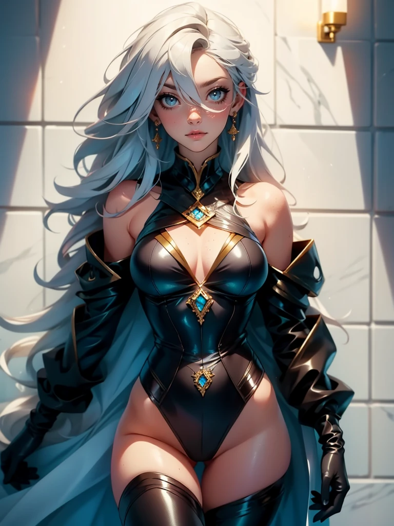 1girl, solo, leaning on white marble wall, sexy face, sexy, cute face, bangs, long hair, look away, shy, nose blush, concept art, freckles, lay light on the wall, passionate, medium breast, fit body, long waist, (thigh gap), wide shoulder, short hair, white hair, hair over one eye, open blue coat, brown gloves, black pants, earrings, seductive, enchanting, (biting lip), erotic