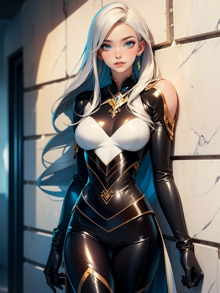 1girl, solo, leaning on white marble wall, sexy face, sexy, cute face, bangs, long hair, look away, shy, nose blush, concept art, freckles, lay light on the wall, passionate, medium breast, fit body, long waist, (thigh gap), wide shoulder, short hair, white hair, hair over one eye, open blue coat, brown gloves, black pants, earrings, seductive, enchanting, (biting lip), erotic