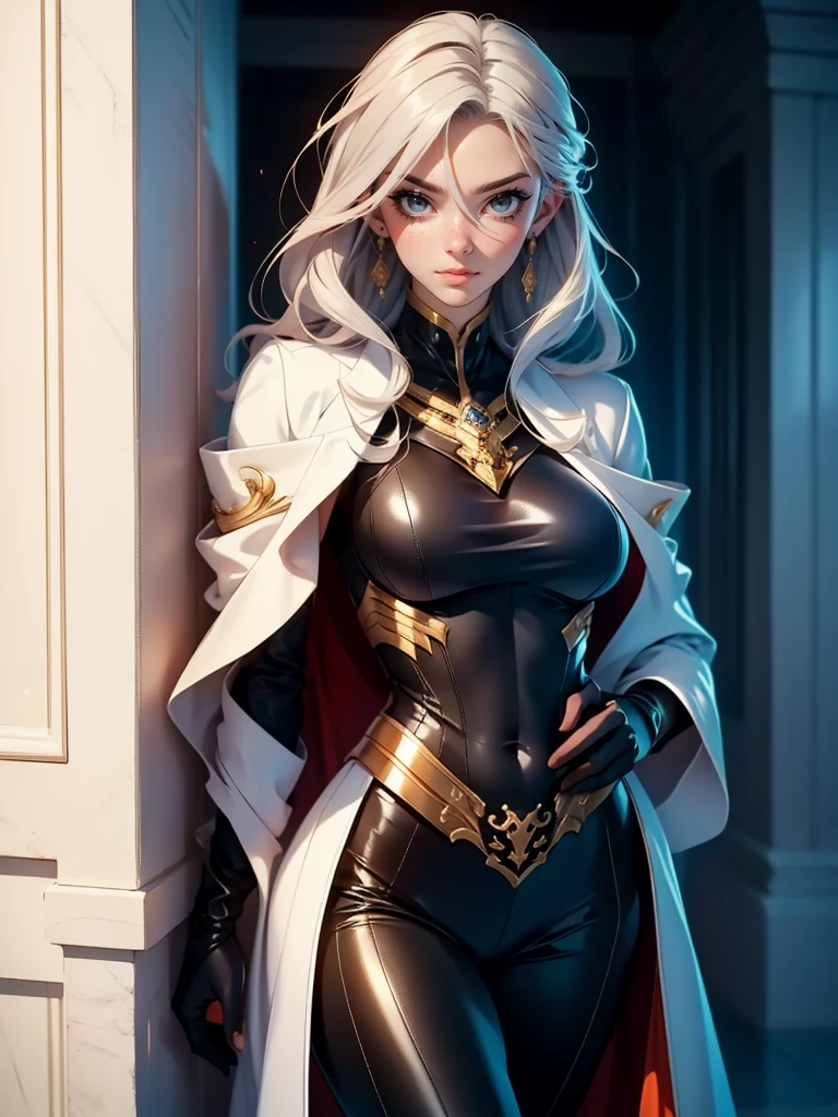 1girl, solo, leaning on white marble wall, sexy face, sexy, cute face, bangs, long hair, look away, shy, nose blush, concept art, freckles, lay light on the wall, passionate, medium breast, fit body, long waist, (thigh gap), wide shoulder, short hair, white hair, hair over one eye, open blue coat, brown gloves, black pants, earrings, seductive, enchanting, (biting lip), erotic