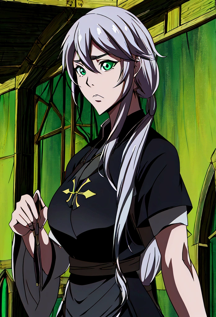 Create a 2D manga-style image of a young white woman named Lucina. She is a thief in a medieval RPG setting. Lucina has long blonde hair tied in a ponytail., green eyes and a serious expression. His clothes are green and black.





