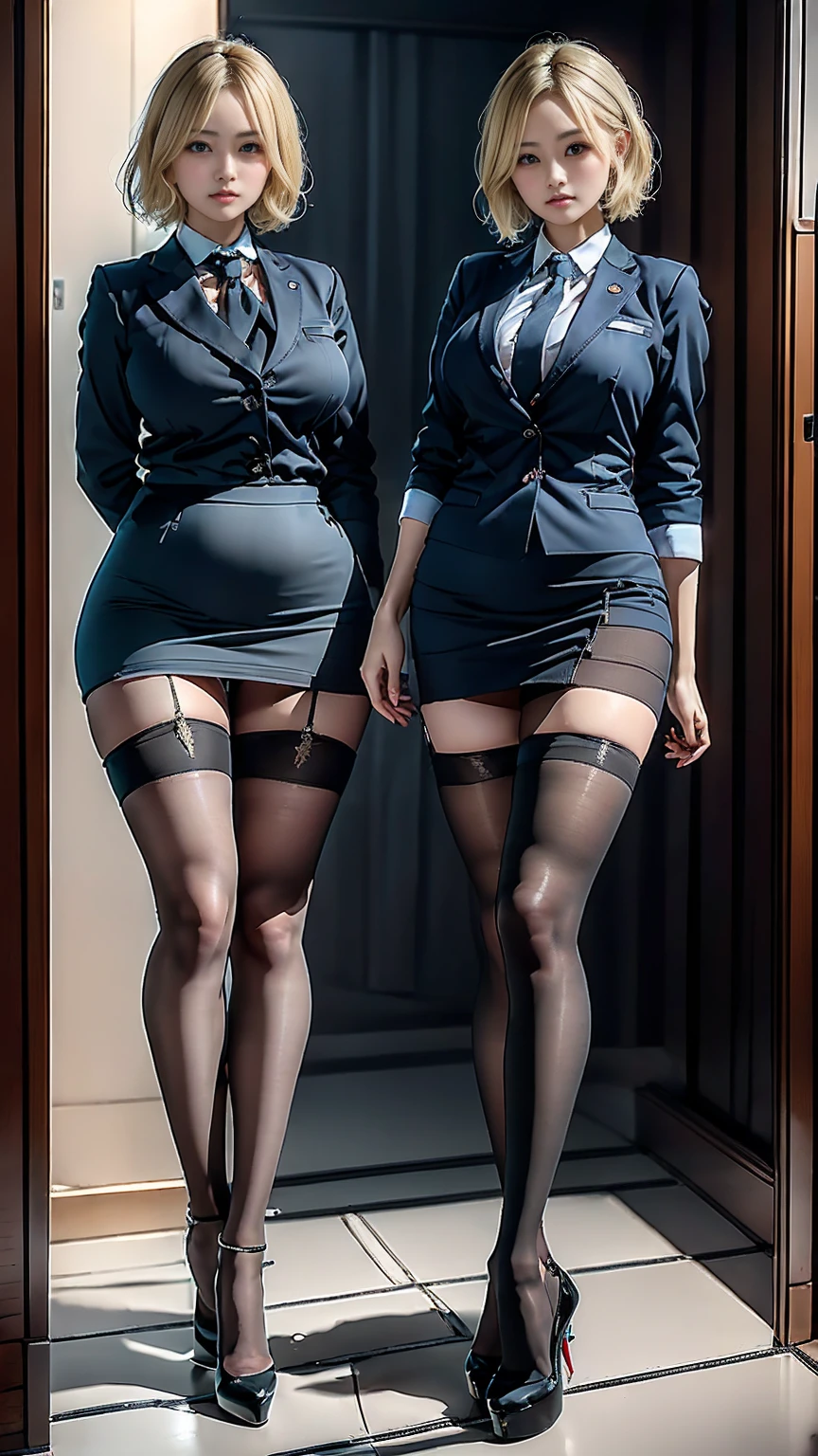 Ultra-high resolution, Realistic, Very detailed, Golden Ratio, Highest quality, Are standing姿の全身ショット, (promotional photoshoot), (Are standing), Standing on the floor in high heels, (Two beautiful secretaries with exemplary figures), Beautiful Face, (Realisticな face), (Blonde short cut:1.3), Realisticな目, Very beautiful eyes, Realisticな skin, Beautiful Skin, Plump body line, Anatomically correct body, (wide thighs), (Very long legs:1.5), (I always wear black stockings..:1.3), Fully clothed, Dark blue office lady suit, Micro Mini Skirt, (The skirt is very short:1.2), (Very long legs:1.4), (very wide thighs:1.3), (彼女はI always wear black stockings..:1.4), (Wearing brown platform high heels), Accurate high heels, 