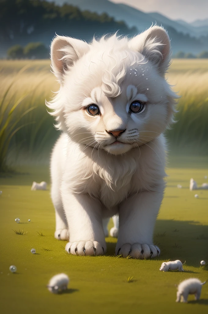 a cute white and grey cub, an early morning atmosphere, a beautiful natural landscape, thick grass, dew atmosphere, and dew drops.