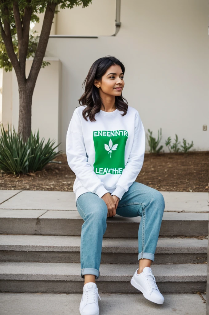 A white shirt that says environmental leader with a green sweatshirt and white shoes 