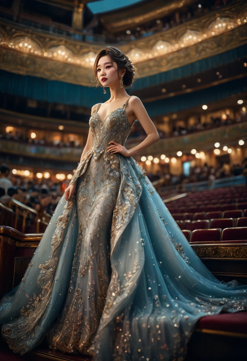 Evening Dress, theater, by Ryan_Yee, RAWphoto, 35mm photograph, bokeh, best quality, masterpiece, very aesthetic, perfect composition, intricate details, ultra-detailed