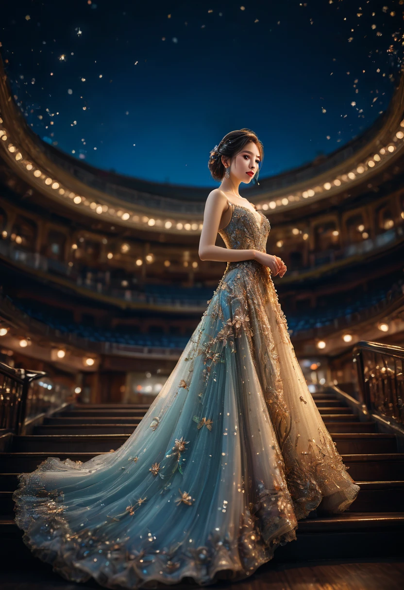 Evening Dress, theater, by Ryan_Yee, RAWphoto, 35mm photograph, bokeh, best quality, masterpiece, very aesthetic, perfect composition, intricate details, ultra-detailed